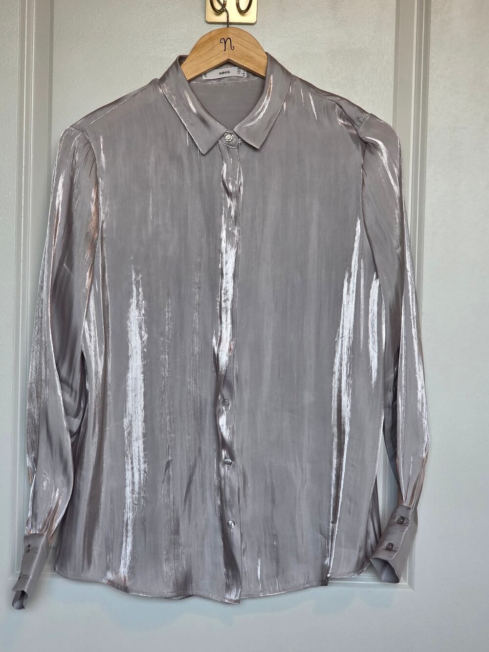 Mango Silver Metallic Long Sleeve Button Up Shirt with Crystal Button